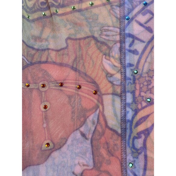 Y2K ALPHONSE MUCHA Art NOUVEAU Print Mesh Long Sleeve Blouse W/Rhinestones. XS-S - Picture 8 of 16